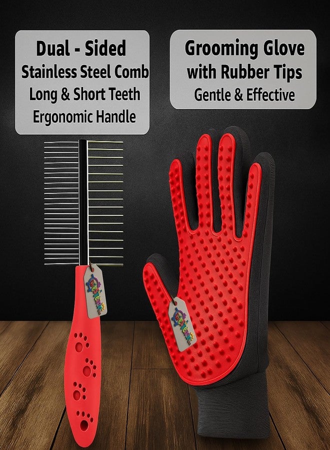 Western Era 2 in 1 Pet Bathing Grooming Combo for Dogs & Cats | Dual Side Metal Teeth Comb & Silicone Deshedding Glove | Loose Hair, Tangles, Dirt | Tick & Flea | All Breeds & Sizes (Random) - Image 5